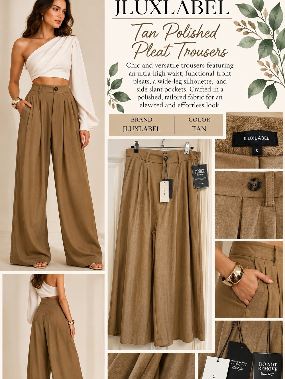 NWT JLUXLABEL Tan Wide-Leg Polished Pleat Trousers